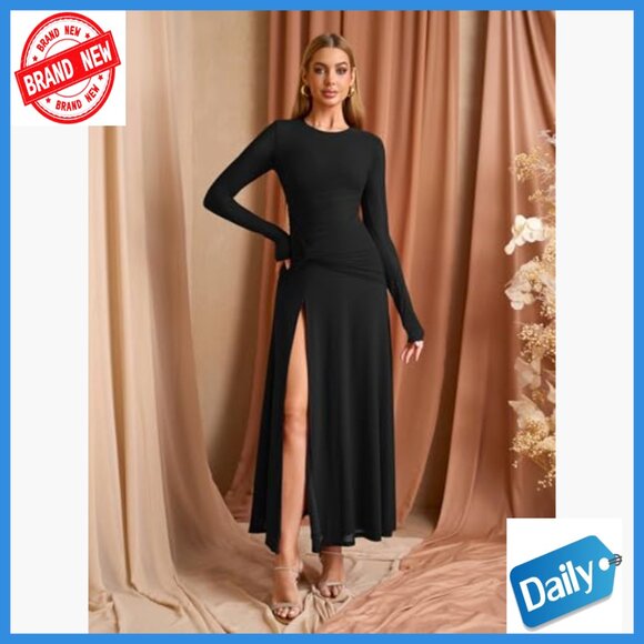 Long Sleeve Ruched Maxi Dress Formal Wedding Guest Cocktail Party - Picture 4 of 6